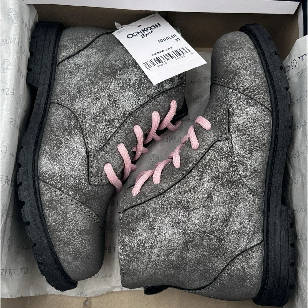 OshKosh B'Gosh Little Girls Ankle Fashion Boots Size 11  Gray Rose Pink Lace Up